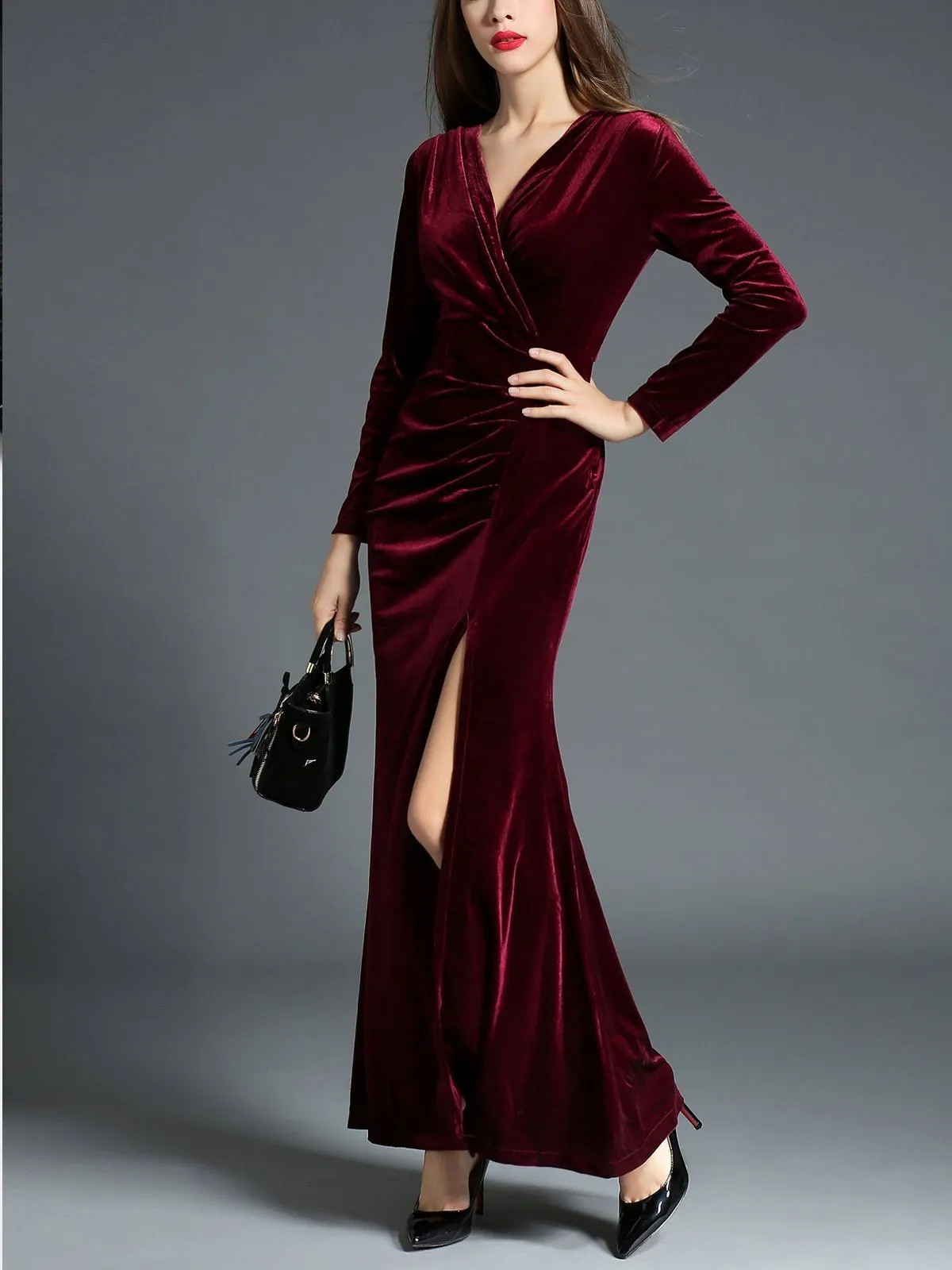 1950s Velvet Solid Wrap Dress