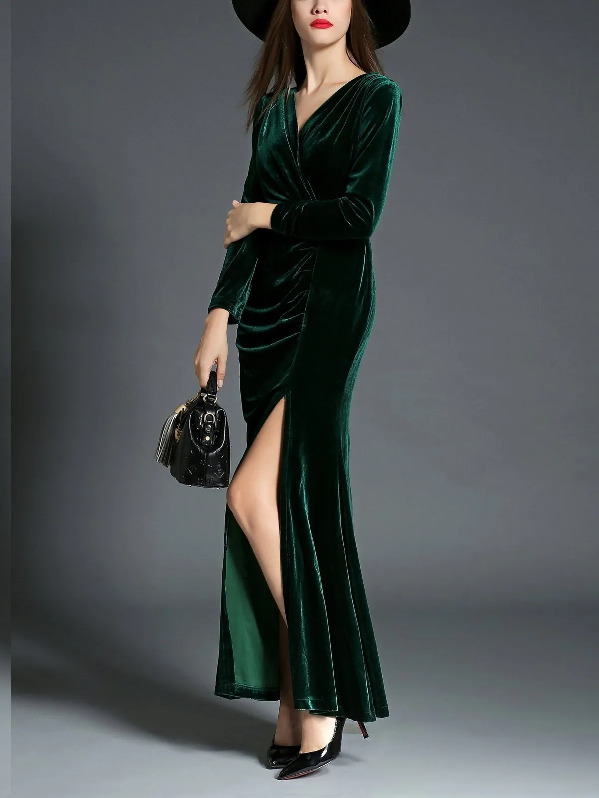 1950s Velvet Solid Wrap Dress