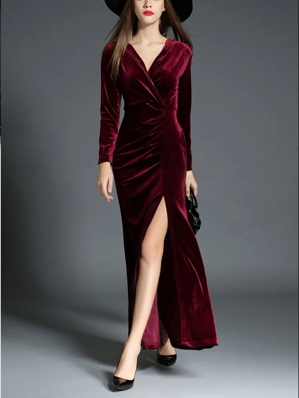 1950s Velvet Solid Wrap Dress