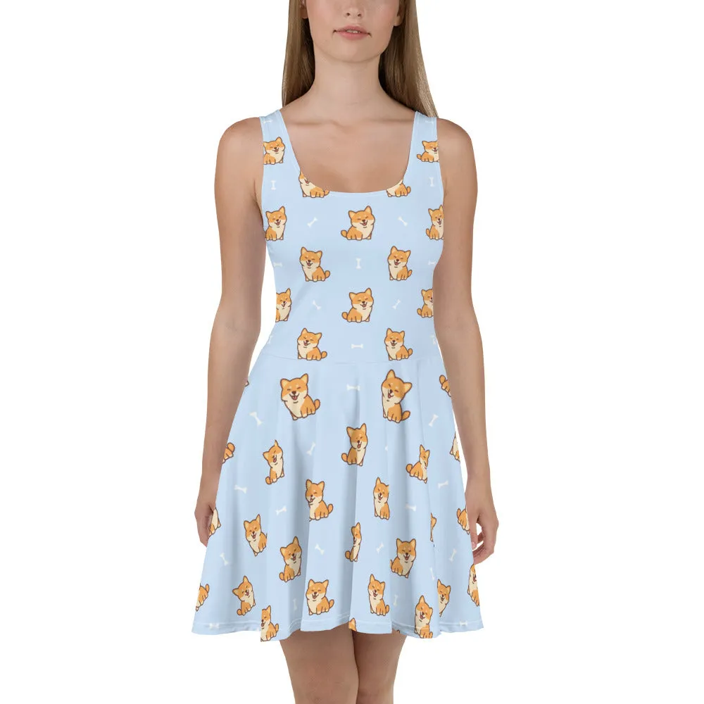 Cute Dog Skater Dress, Corgi Puppy Blue Print Summer Sleeveless Mini Short Handmade Cocktail Party Sexy Women
