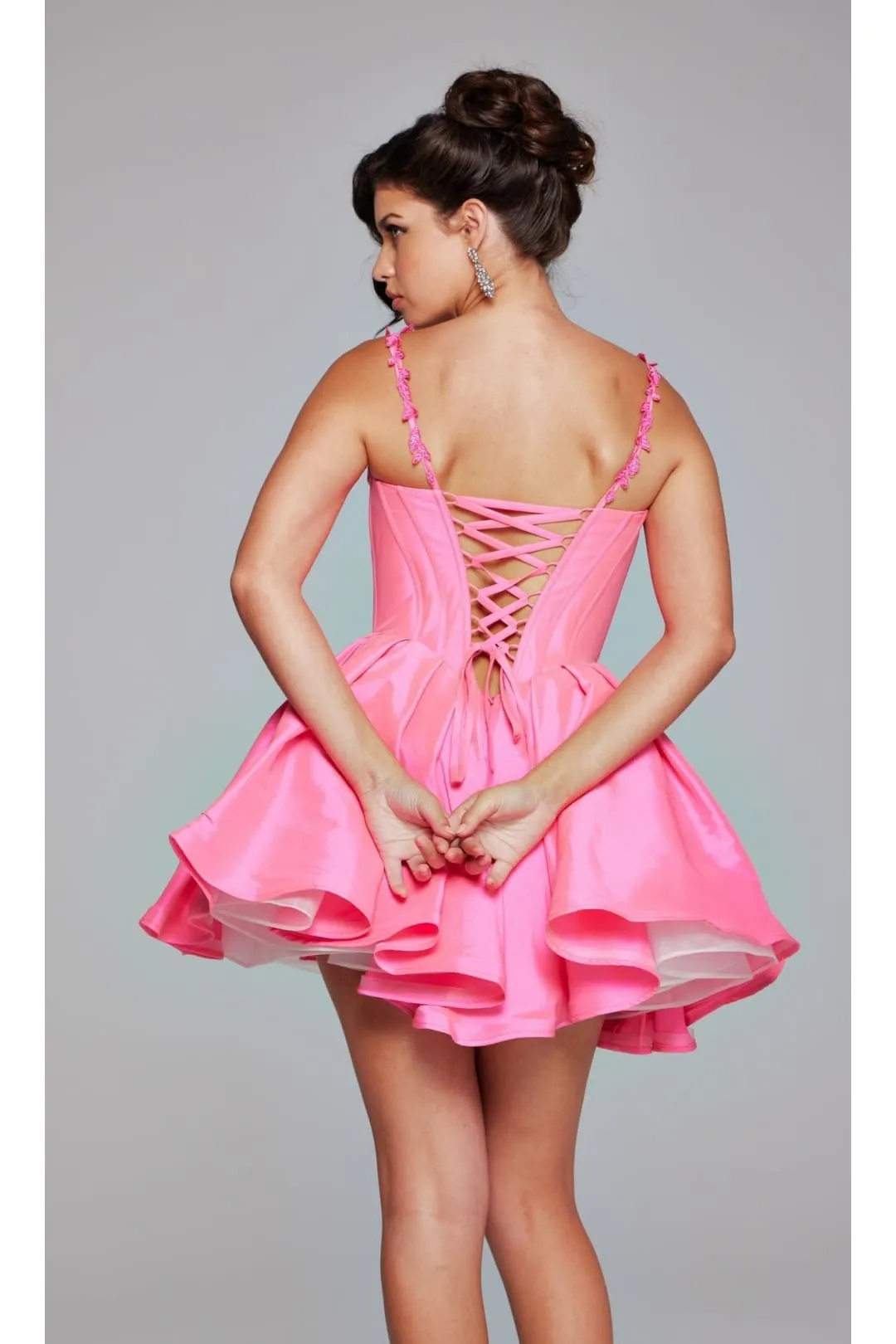Lace-Up Short Babydoll Hoco Dress: Jovani 40379