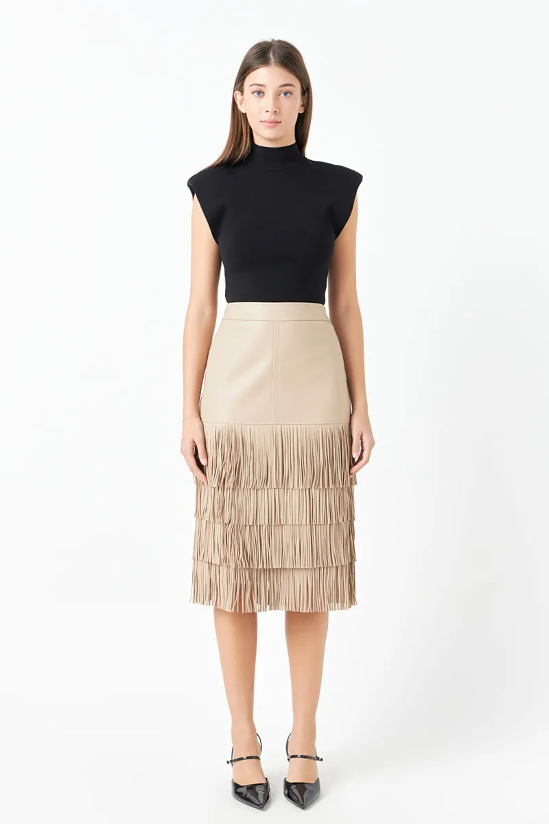 PU Fringe Midi Skirt