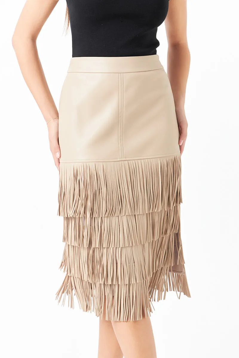 PU Fringe Midi Skirt