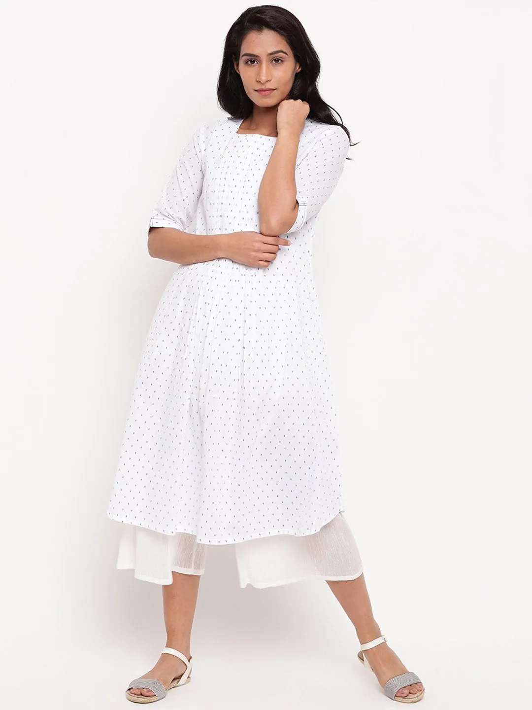 White Blue Dobby Pleats Kurta