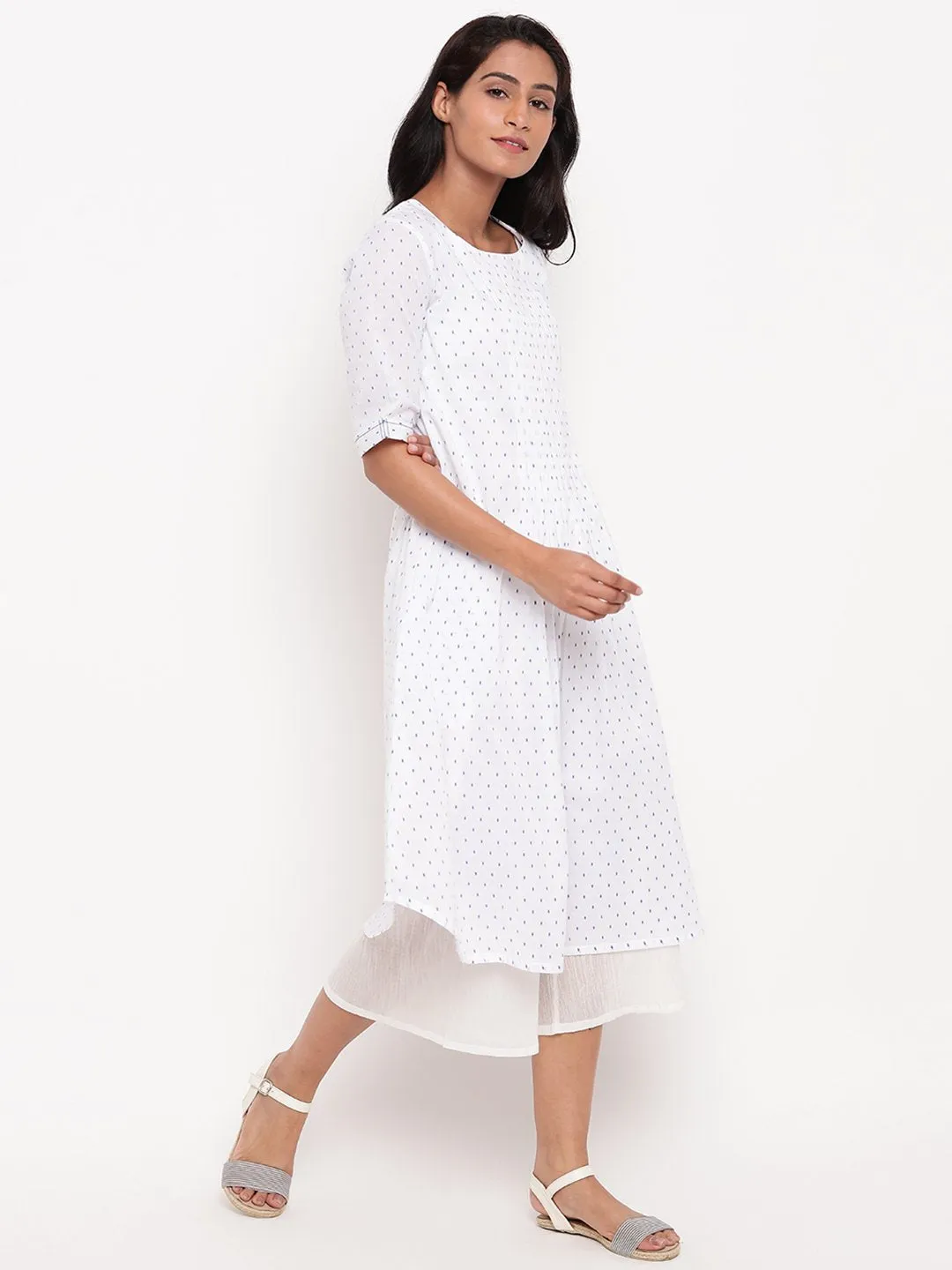 White Blue Dobby Pleats Kurta