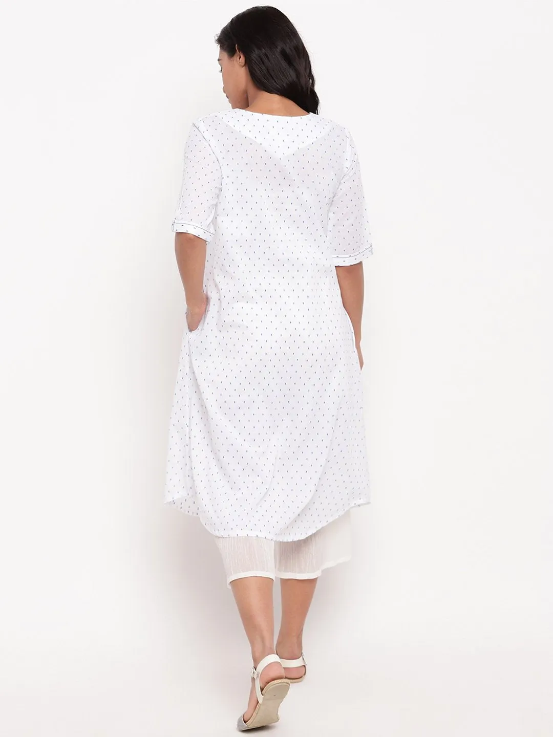 White Blue Dobby Pleats Kurta