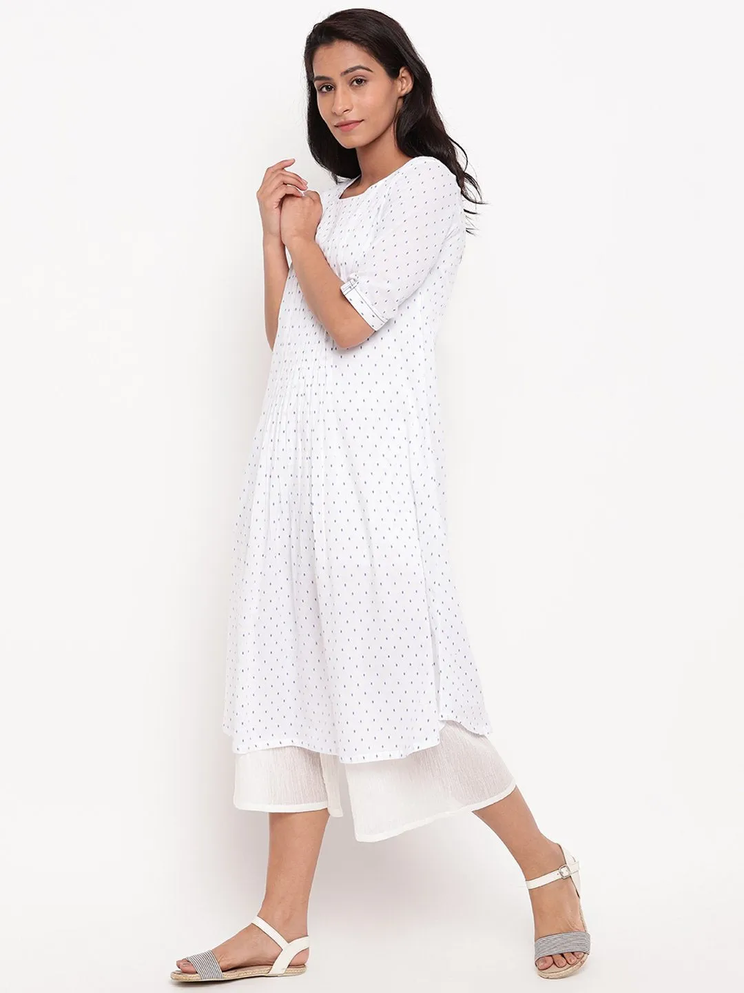 White Blue Dobby Pleats Kurta