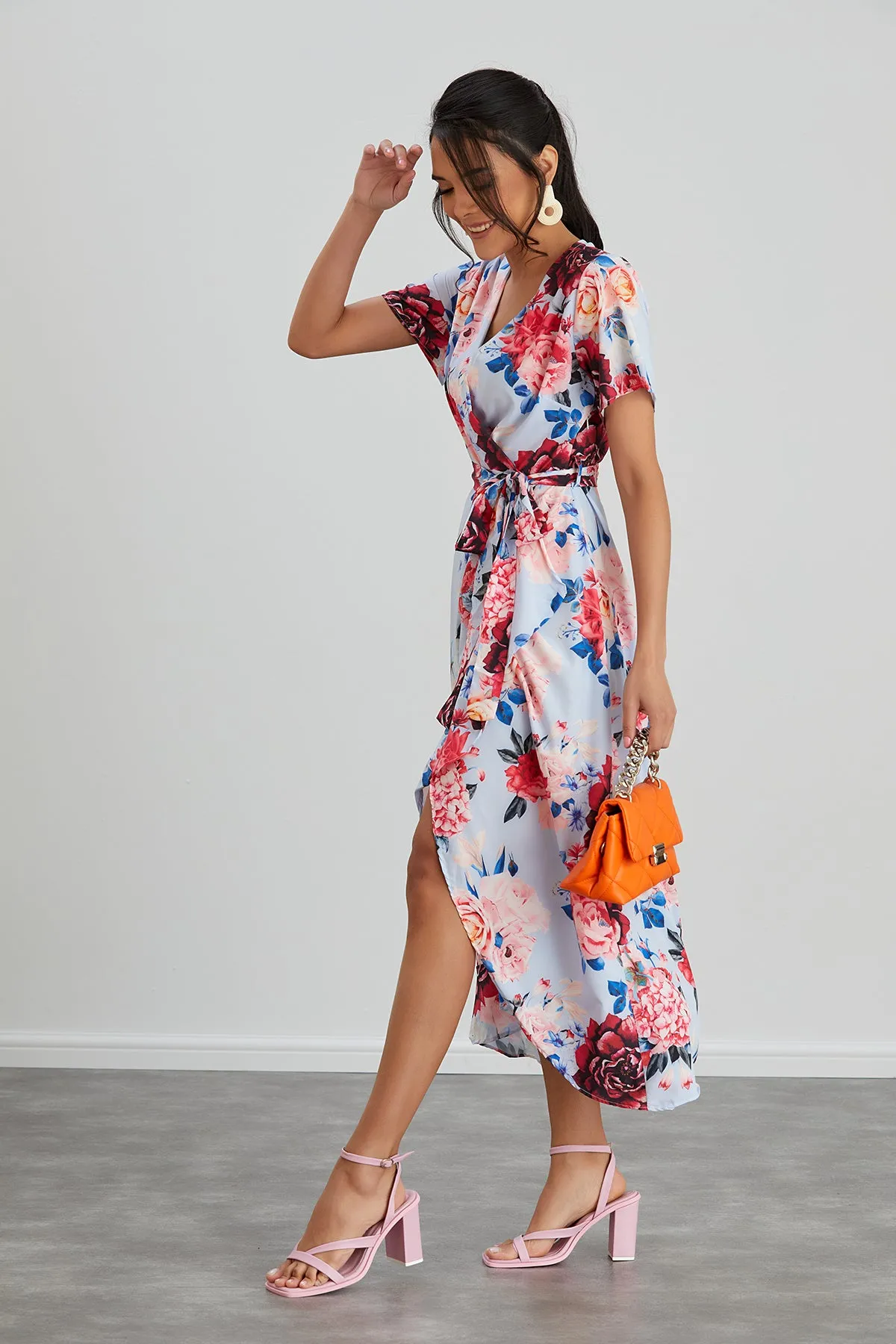 Wrap Midi Frill Skirt Dress in Blue Floral print