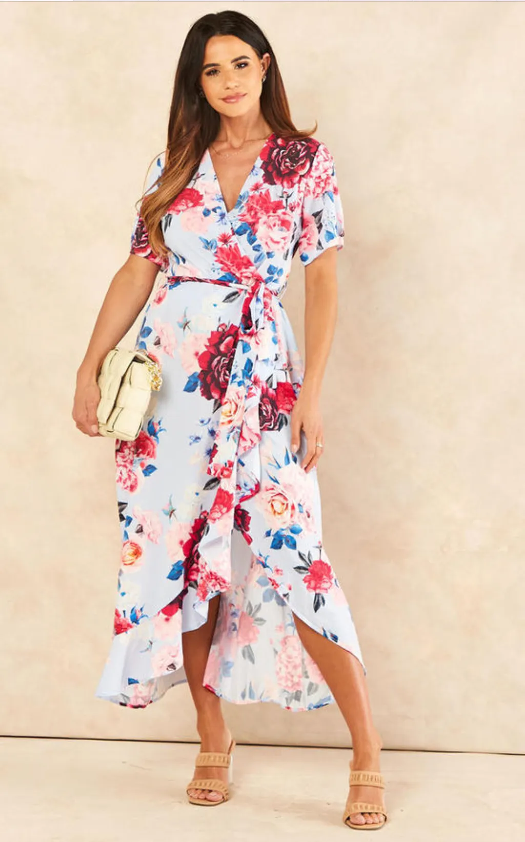 Wrap Midi Frill Skirt Dress in Blue Floral print