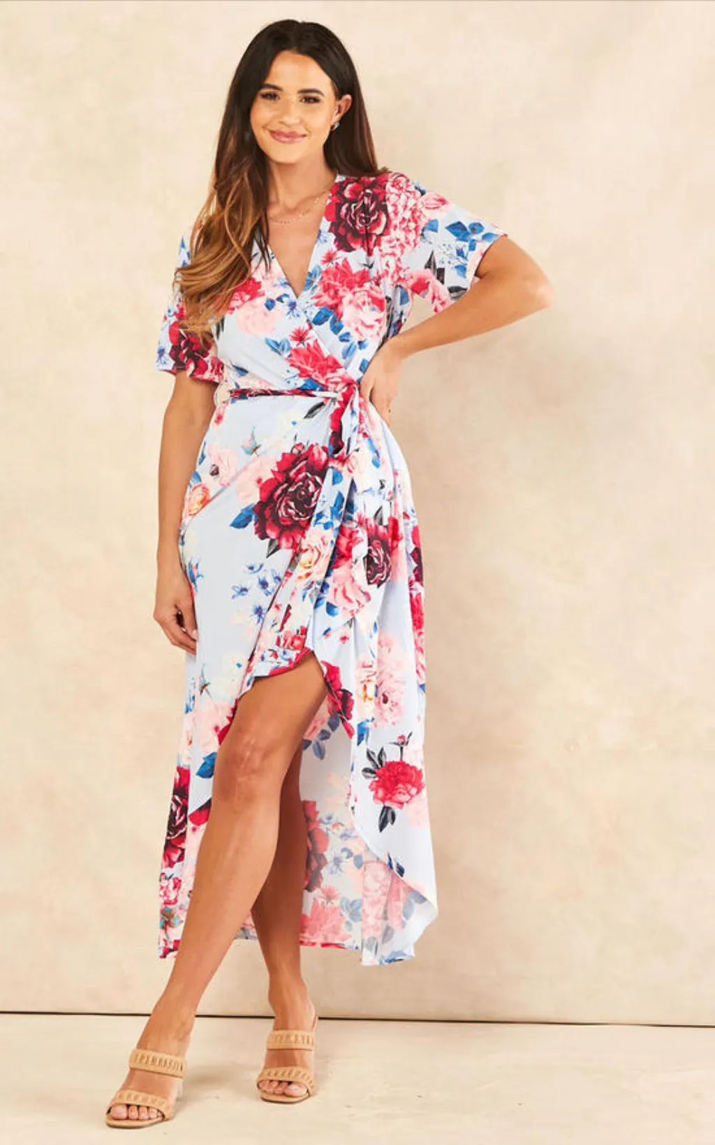 Wrap Midi Frill Skirt Dress in Blue Floral print