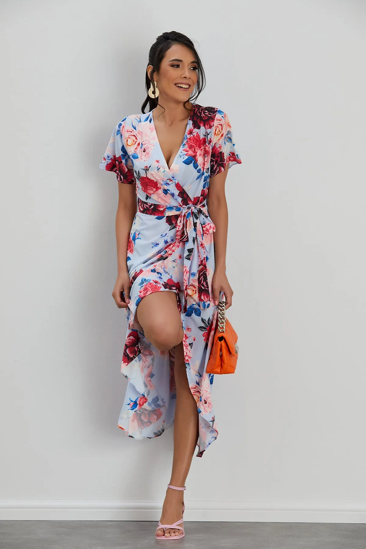 Wrap Midi Frill Skirt Dress in Blue Floral print