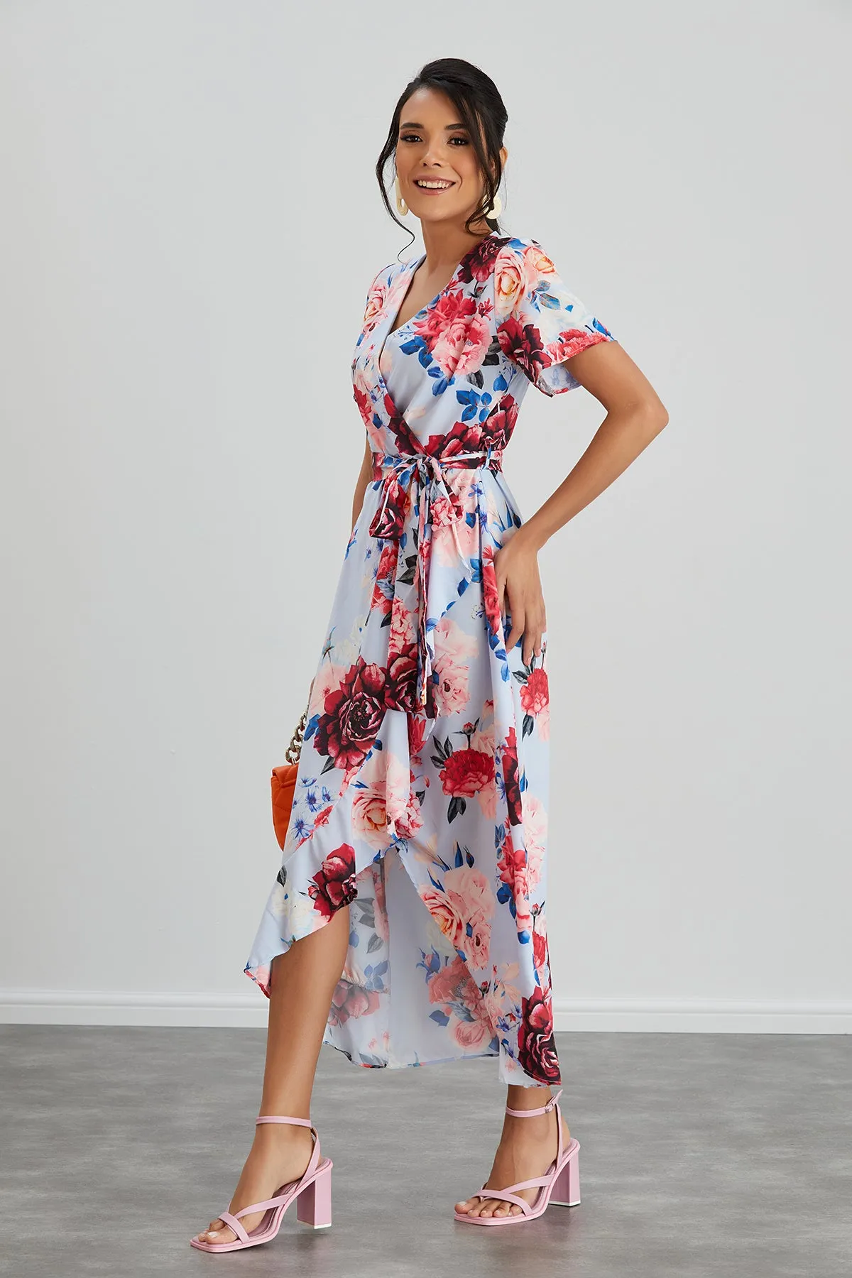 Wrap Midi Frill Skirt Dress in Blue Floral print