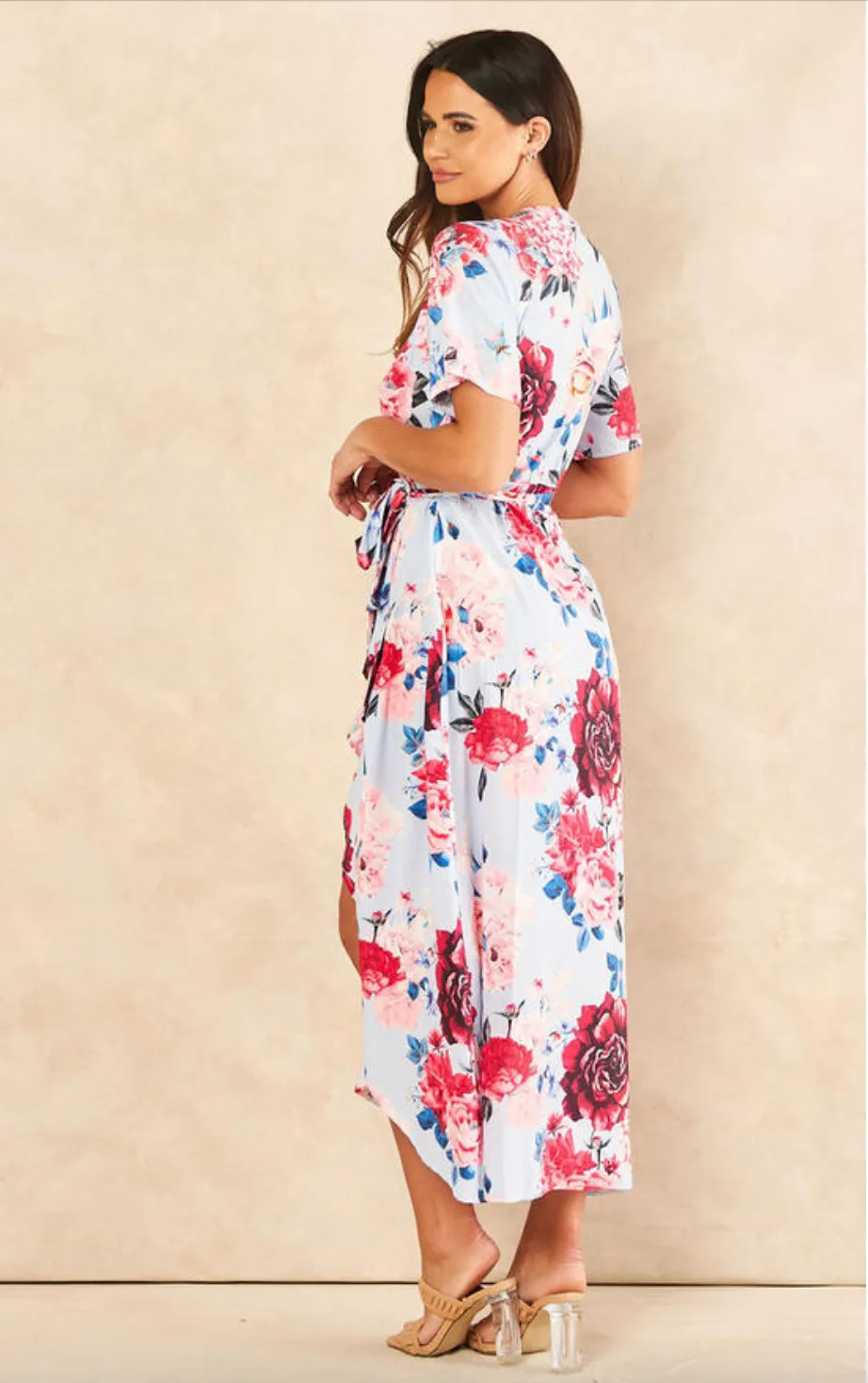 Wrap Midi Frill Skirt Dress in Blue Floral print