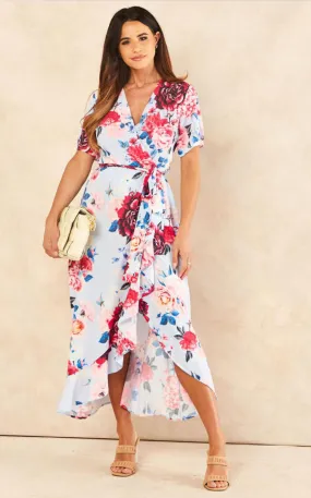 Wrap Midi Frill Skirt Dress in Blue Floral print